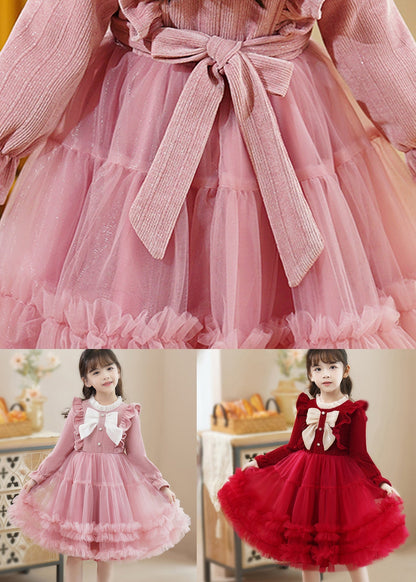 Fine Red Ruffled Patchwork Tulle Baby Girls Princess Dress Fall Ada Fashion