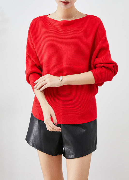 Fine Red Slash Neck Oversized Knit Sweater Tops Batwing Sleeve Ada Fashion