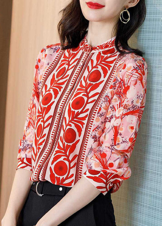 Fine Red Stand Collar Print Patchwork Silk Shirt Top Spring LY0402 - fabuloryshop