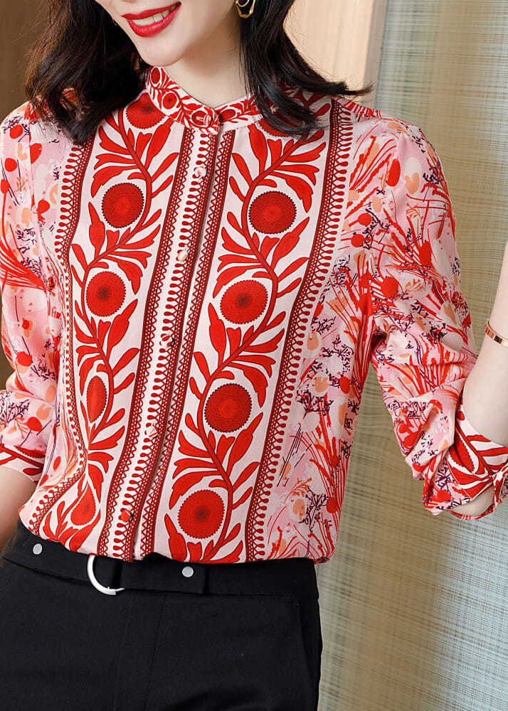 Fine Red Stand Collar Print Patchwork Silk Shirt Top Spring LY0402 - fabuloryshop