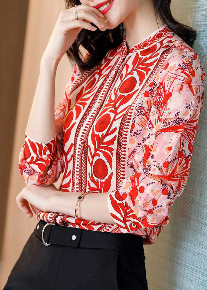 Fine Red Stand Collar Print Patchwork Silk Shirt Top Spring LY0402 - fabuloryshop