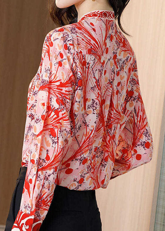 Fine Red Stand Collar Print Patchwork Silk Shirt Top Spring LY0402 - fabuloryshop