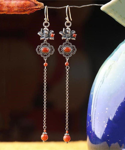 Fine Red Sterling Silver Agate Lotus Tassel Drop Earrings LY2286 - fabuloryshop