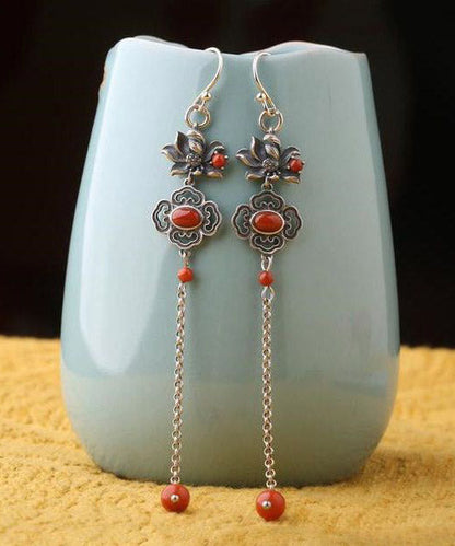 Fine Red Sterling Silver Agate Lotus Tassel Drop Earrings LY2286 - fabuloryshop