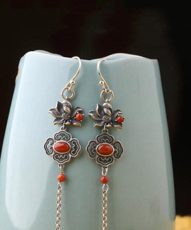 Fine Red Sterling Silver Agate Lotus Tassel Drop Earrings LY2286