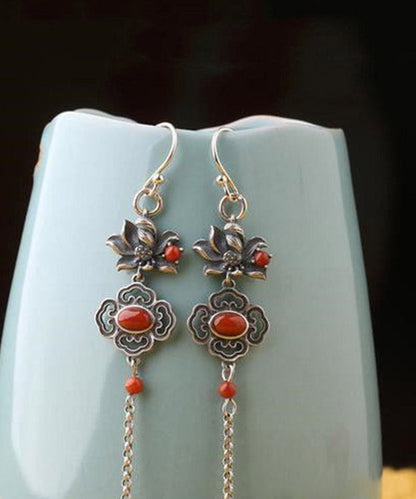 Fine Red Sterling Silver Agate Lotus Tassel Drop Earrings LY2286 - fabuloryshop