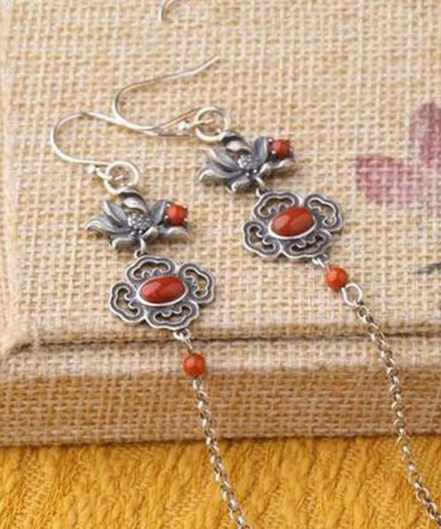 Fine Red Sterling Silver Agate Lotus Tassel Drop Earrings LY2286 - fabuloryshop