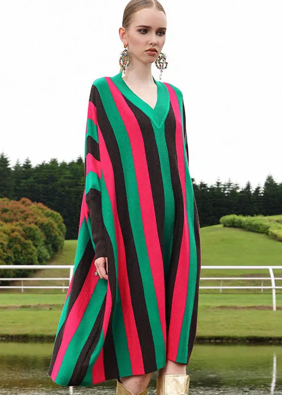 Fine Red V Neck Striped Woolen Long Sweater Dress Long Sleeve Ada Fashion