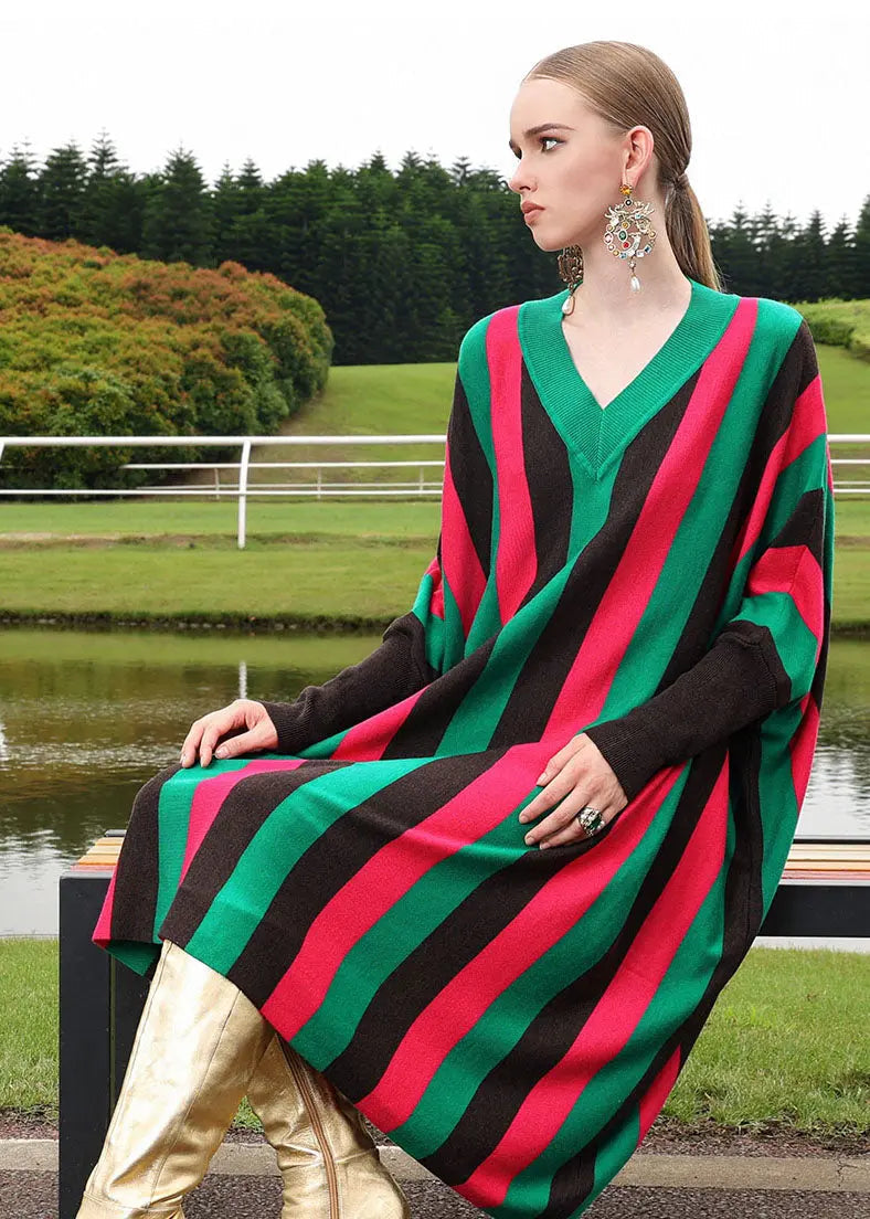 Fine Red V Neck Striped Woolen Long Sweater Dress Long Sleeve Ada Fashion