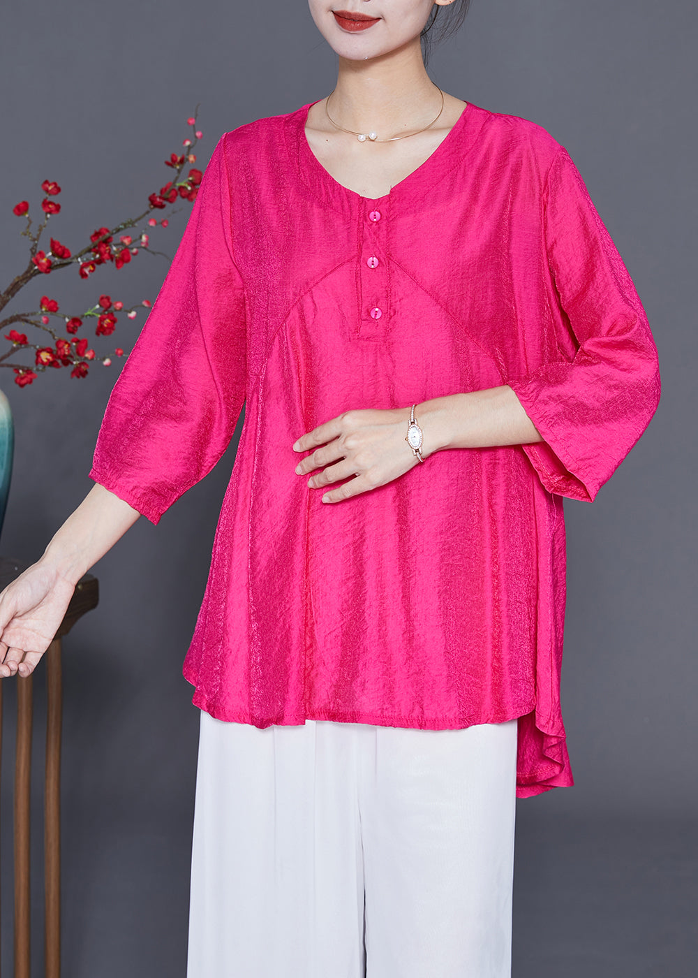 Fine Rose O-Neck Patchwork Silk Shirt Tops Bracelet Sleeve LY3668 - fabuloryshop