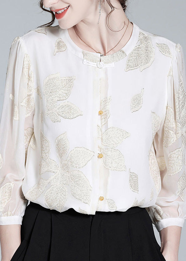 Fine White O-Neck Embroideried Print Button Silk Top Spring LY0727