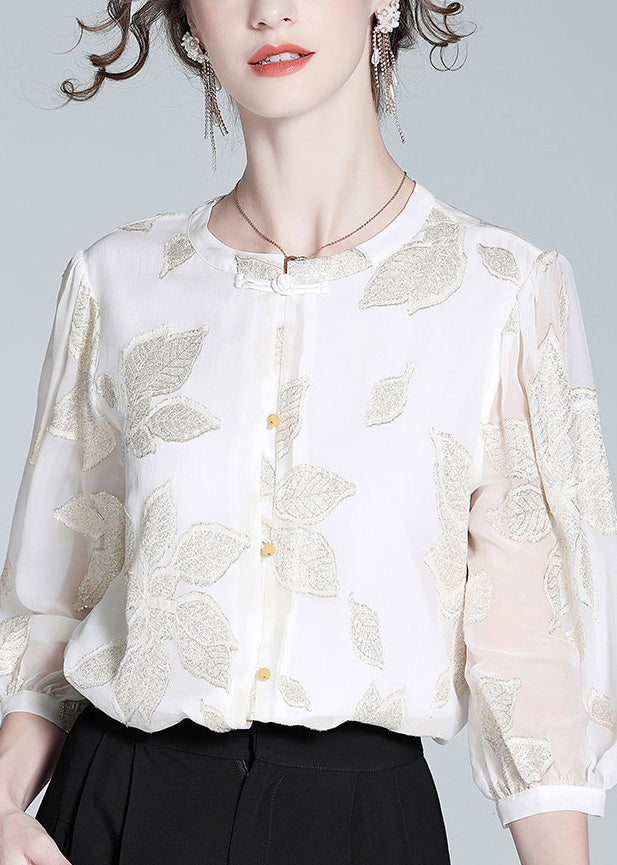 Fine White O-Neck Embroideried Print Button Silk Top Spring LY0727