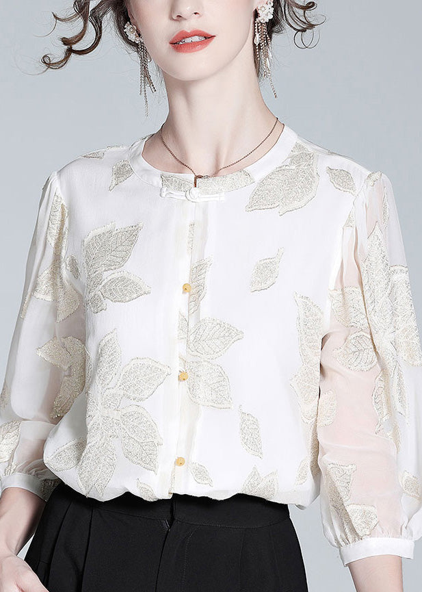 Fine White O-Neck Embroideried Print Button Silk Top Spring LY0727 - fabuloryshop