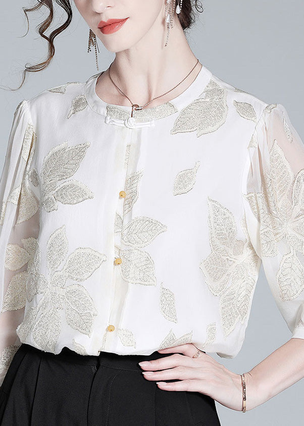 Fine White O-Neck Embroideried Print Button Silk Top Spring LY0727 - fabuloryshop