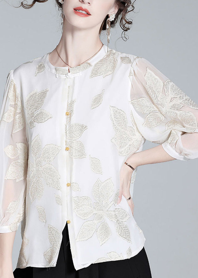 Fine White O-Neck Embroideried Print Button Silk Top Spring LY0727 - fabuloryshop