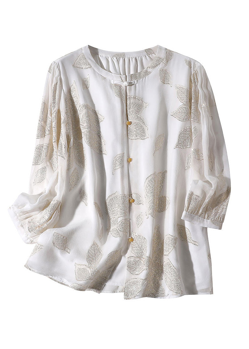 Fine White O-Neck Embroideried Print Button Silk Top Spring LY0727 - fabuloryshop