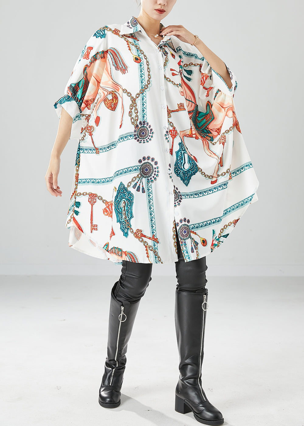Fine White Oversized Print Silk Maxi Dresses Batwing Sleeve LY6110 - fabuloryshop