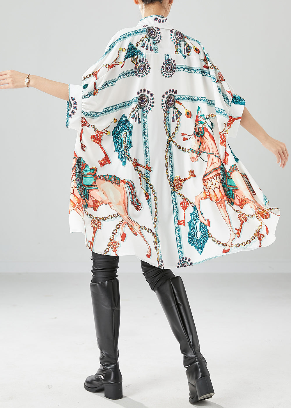 Fine White Oversized Print Silk Maxi Dresses Batwing Sleeve LY6110 - fabuloryshop