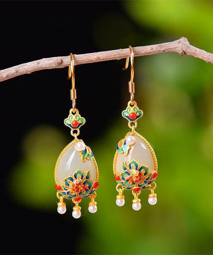 Fine White Sterling Silver Jade Cloisonne Enamel Tassel Drop Earrings LY2285 - fabuloryshop