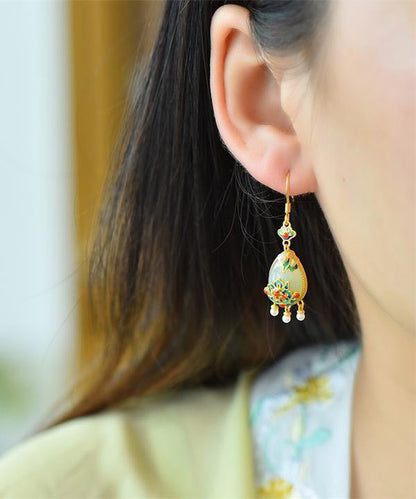 Fine White Sterling Silver Jade Cloisonne Enamel Tassel Drop Earrings LY2285 - fabuloryshop