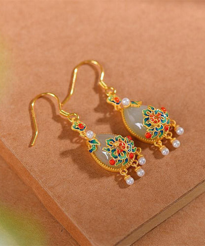 Fine White Sterling Silver Jade Cloisonne Enamel Tassel Drop Earrings LY2285 - fabuloryshop