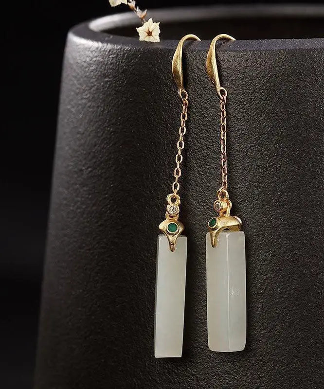 Fine White Sterling Silver Overgild Inlaid Jade Rectangular Drop Earrings Ada Fashion