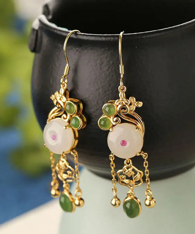 Fine White Sterling Silver Overgild Jade Tassel Drop Earrings Ada Fashion