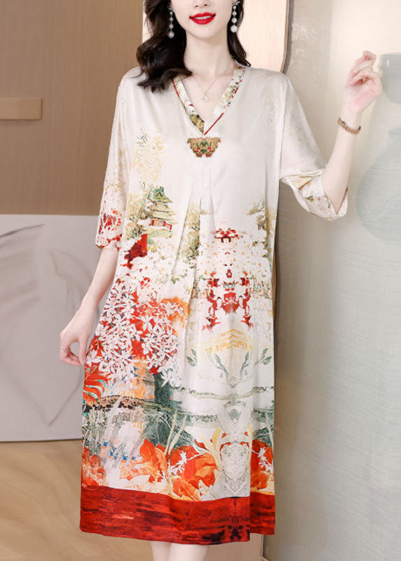 Fine White V Neck Print Side Open Silk Maxi Dress Half Sleeve TH1002 - fabuloryshop