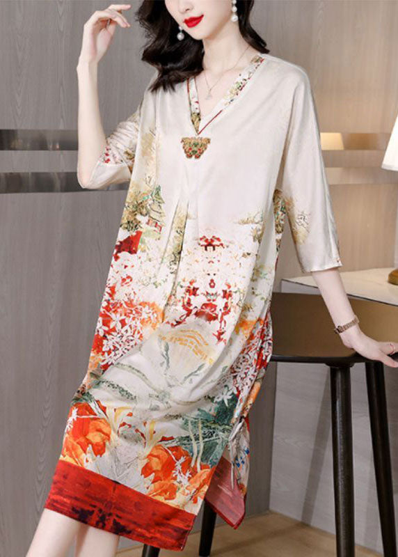 Fine White V Neck Print Side Open Silk Maxi Dress Half Sleeve TH1002 - fabuloryshop