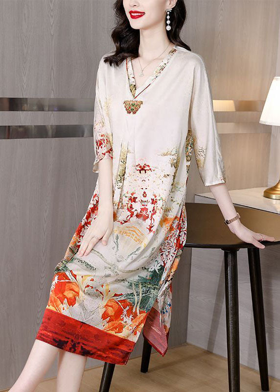 Fine White V Neck Print Side Open Silk Maxi Dress Half Sleeve TH1002 - fabuloryshop