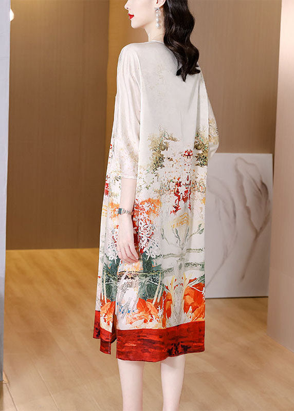 Fine White V Neck Print Side Open Silk Maxi Dress Half Sleeve TH1002 - fabuloryshop