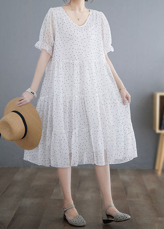 Fine White V Neck Wrinkled Dot Patchwork Chiffon Dresses Summer LY4012 - fabuloryshop