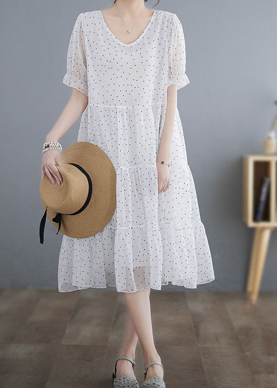 Fine White V Neck Wrinkled Dot Patchwork Chiffon Dresses Summer LY4012 - fabuloryshop