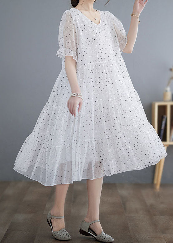 Fine White V Neck Wrinkled Dot Patchwork Chiffon Dresses Summer LY4012 - fabuloryshop