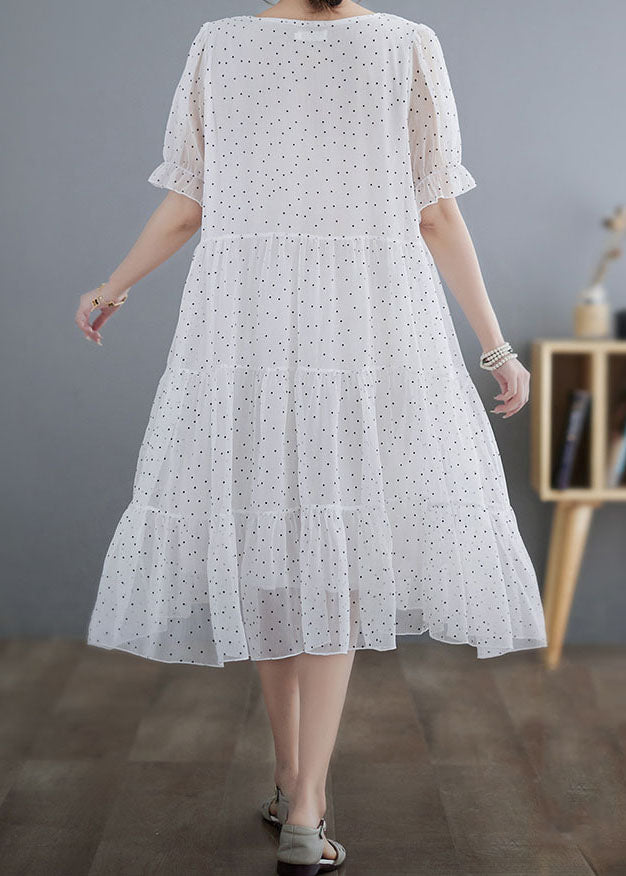 Fine White V Neck Wrinkled Dot Patchwork Chiffon Dresses Summer LY4012 - fabuloryshop