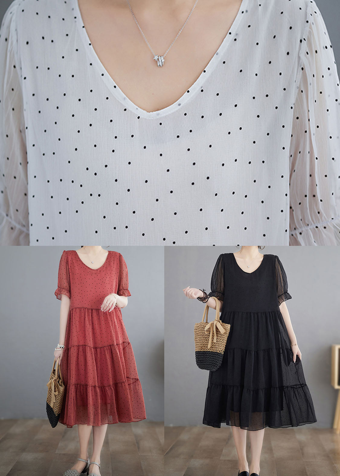 Fine White V Neck Wrinkled Dot Patchwork Chiffon Dresses Summer LY4012 - fabuloryshop