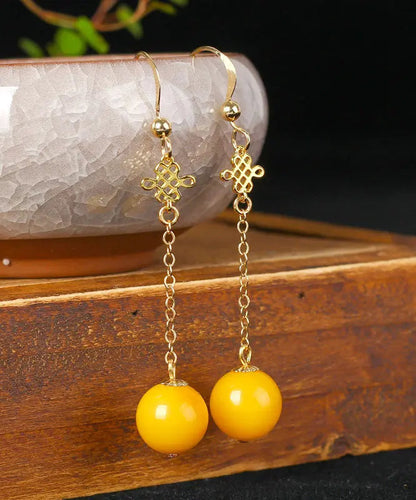 Fine Yellow 14K Gold Amber Beeswax Drop Earrings Ada Fashion