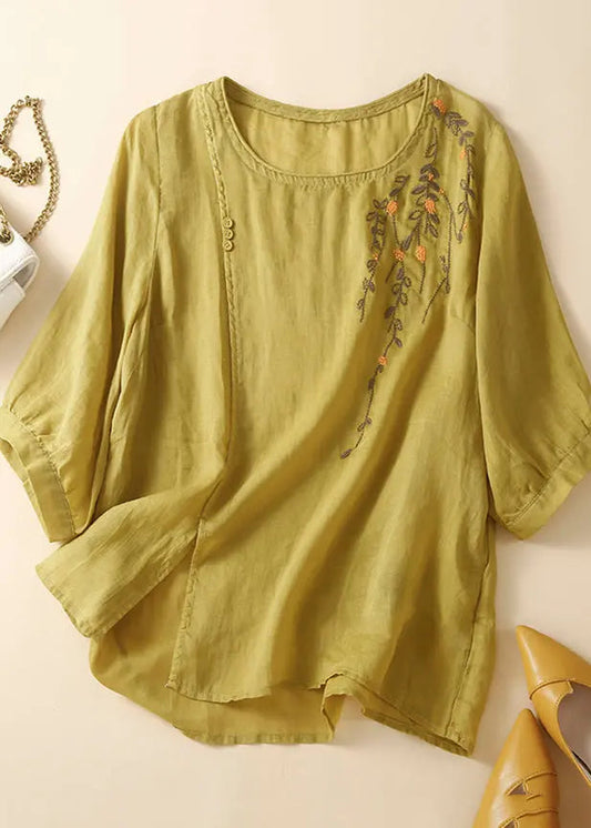 Fine Yellow Embroideried Patchwork Side Open Linen Tank Summer Ada Fashion