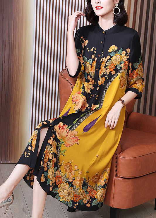 Fine Yellow Print Button Silk Long Shirts Dresses Summer Ada Fashion