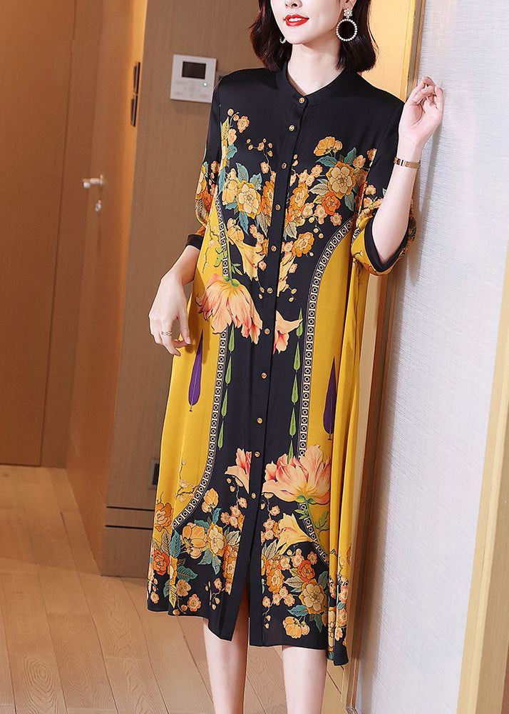 Fine Yellow Print Button Silk Long Shirts Dresses Summer Ada Fashion