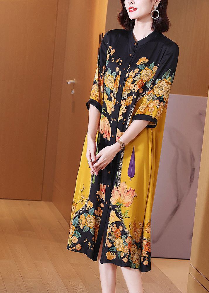 Fine Yellow Print Button Silk Long Shirts Dresses Summer Ada Fashion