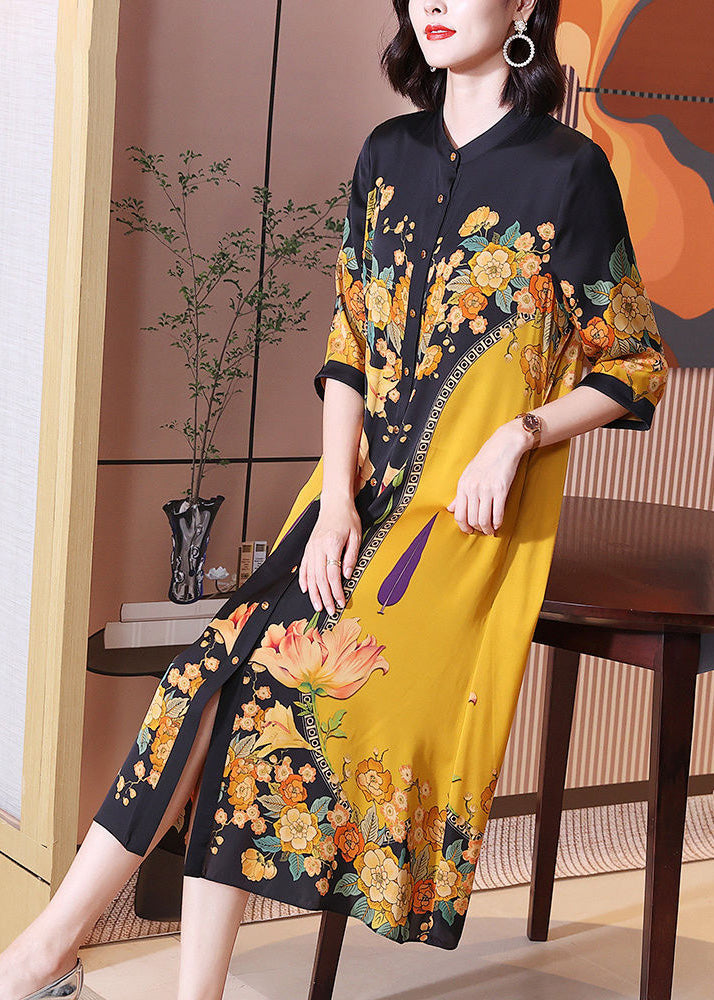 Fine Yellow Print Button Silk Long Shirts Dresses Summer Ada Fashion