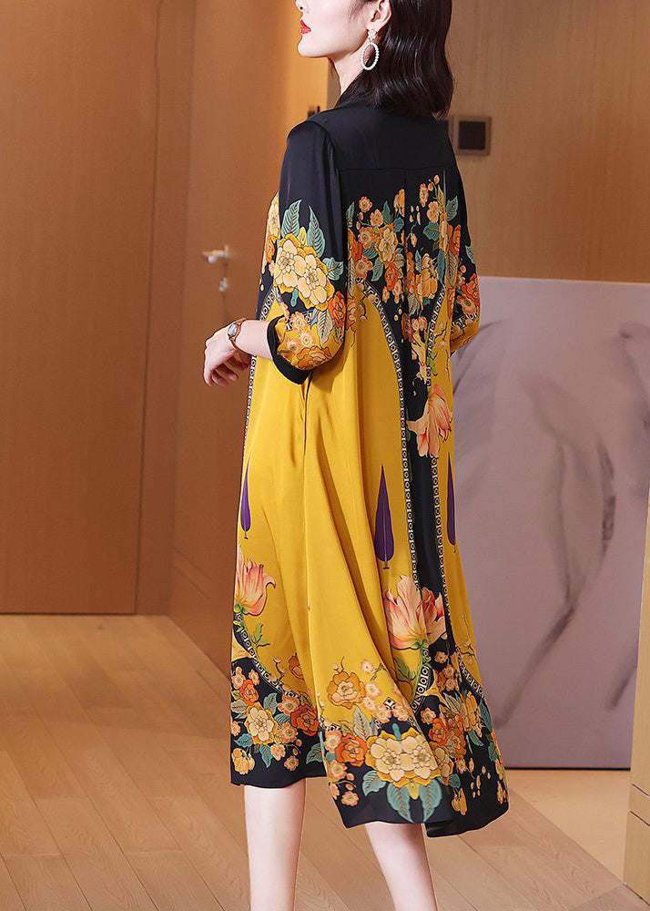 Fine Yellow Print Button Silk Long Shirts Dresses Summer Ada Fashion