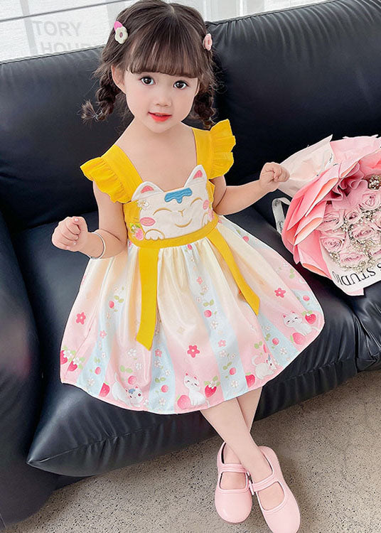 Fine Yellow Ruffled Embroideried Patchwork Cotton Baby Girls Dresses Summer Ada Fashion