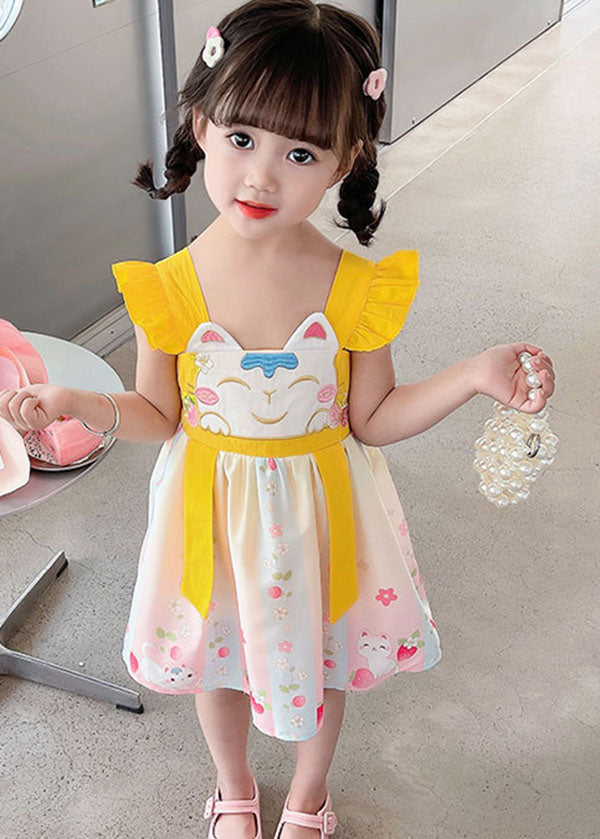 Fine Yellow Ruffled Embroideried Patchwork Cotton Baby Girls Dresses Summer Ada Fashion