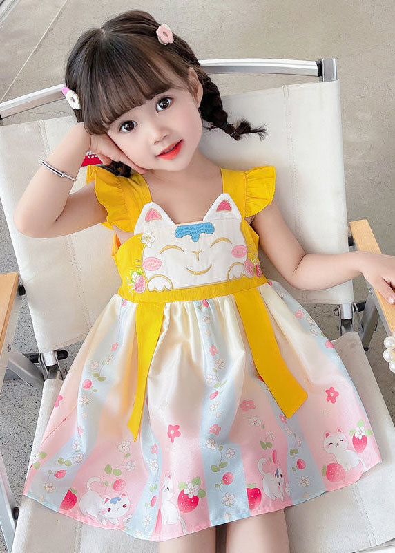 Fine Yellow Ruffled Embroideried Patchwork Cotton Baby Girls Dresses Summer Ada Fashion