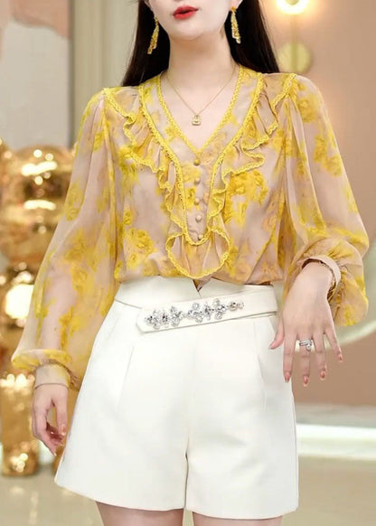 Fine Yellow V Neck Ruffled Print Chiffon Top Spring LC0252 - fabuloryshop