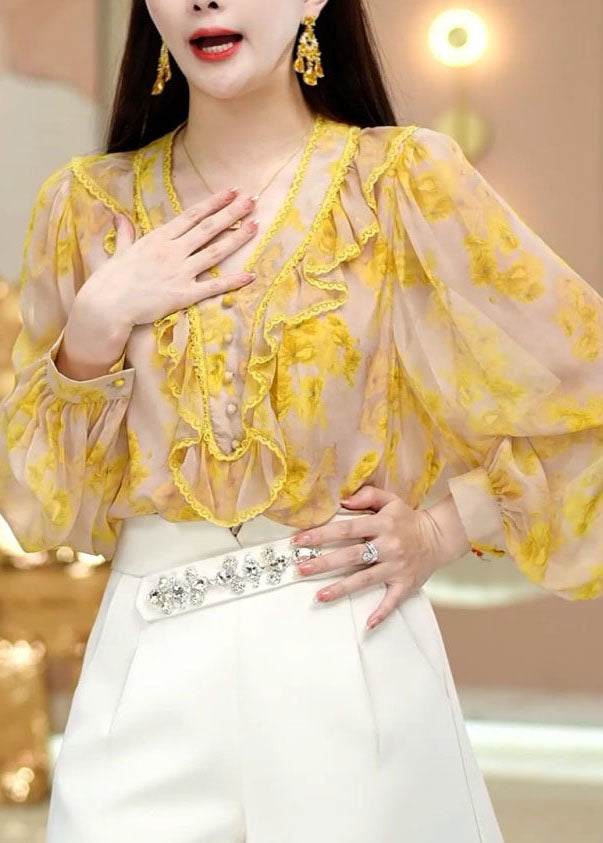 Fine Yellow V Neck Ruffled Print Chiffon Top Spring LC0252 - fabuloryshop