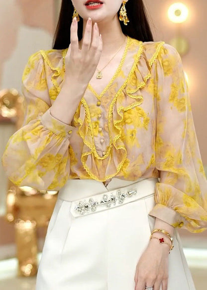 Fine Yellow V Neck Ruffled Print Chiffon Top Spring LC0252 - fabuloryshop