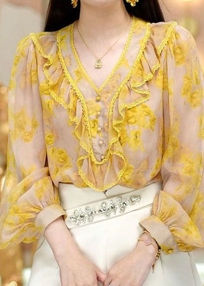 Fine Yellow V Neck Ruffled Print Chiffon Top Spring LC0252 - fabuloryshop